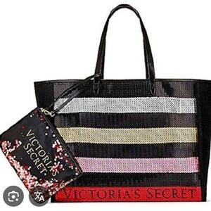 Victoria's Secret Black Tote with Multicolor Stripes